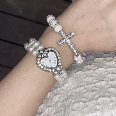 Diamond cross pearls bracelet