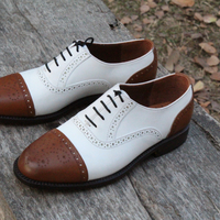 Crafted Leather Classic Brown White Leather Oxford Lace up Dress Shoes - Thumbnail 1