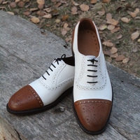 Crafted Leather Classic Brown White Leather Oxford Lace up Dress Shoes - Thumbnail 2