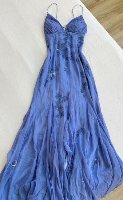 Straps A Line Chiffon Blue Long Formal Dresses