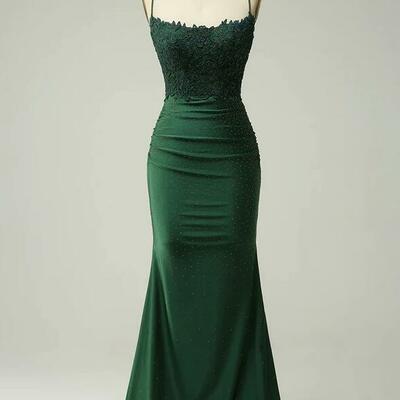 Mermaid dark green lace  long prom dress with beading - Thumbnail 3