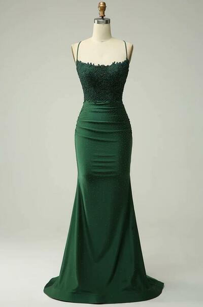 Mermaid Dark Green Lace  Long Prom Dress with Beading