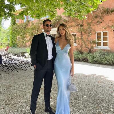 Beautiful light blue deep v neck long party dresses - Thumbnail 1