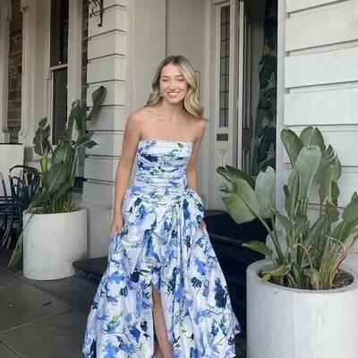 A-line strapless blue printed long prom dresses