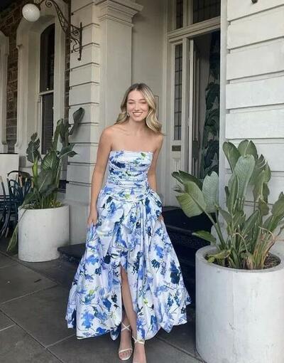 A-Line Strapless Blue Printed Long Prom Dresses
