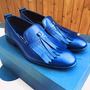 Blue Fringed Loafer Slip Ons Rounded Derby Toe Leather Luxury Real Leather Shoes-4