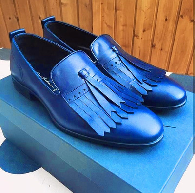 Blue Fringed Loafer Slip Ons Rounded Derby Toe Leather Luxury Real Leather Shoes