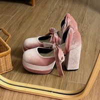 Velvet Pink Platform Pumps High Heels - Thumbnail 4