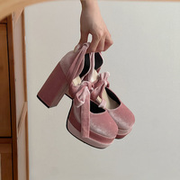 Velvet Pink Platform Pumps High Heels - Thumbnail 5