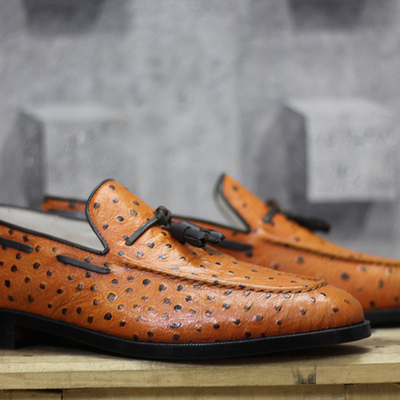 Handmade ostrich tan tussles leather loafers shoes for men’s