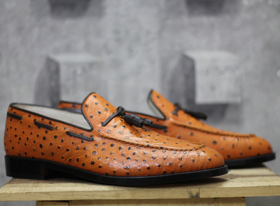 Handmade Ostrich Tan Tussles Leather Loafers Shoes For Men’s