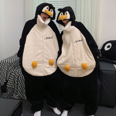 Soft fleece penguin hoodie onesie couple pajama