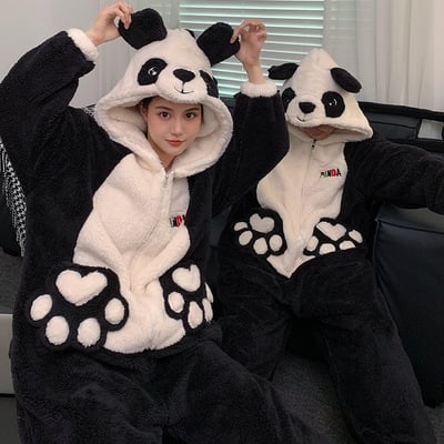 Soft fleece panda hoodie onesie couple pajama