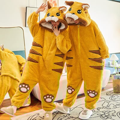 Soft fleece tiger hoodie onesie couple pajama