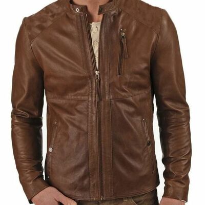 Classy looking stand collar men biker leather jacket design with long sleeves