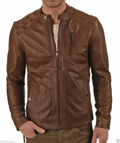 Classy Looking Stand Collar Men Biker Leather Jacket Design With Long Sleeves