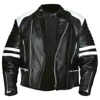 New Handmade Men's Black And White Biker Genuine Leather Jacket - Thumbnail 1