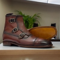 Handmade Men's Ankle High Brown Triple Buckle Pure Genuine Leather Boot - Thumbnail 2