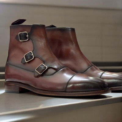 Ankle High Handmade Men's Brown Triple Buckle Cap Toe Leather Boot 