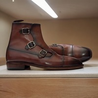 Ankle High Handmade Men's Brown Triple Buckle Cap Toe Leather Boot  - Thumbnail 1