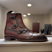 Ankle High Handmade Men's Brown Triple Buckle Cap Toe Leather Boot  - Thumbnail 2