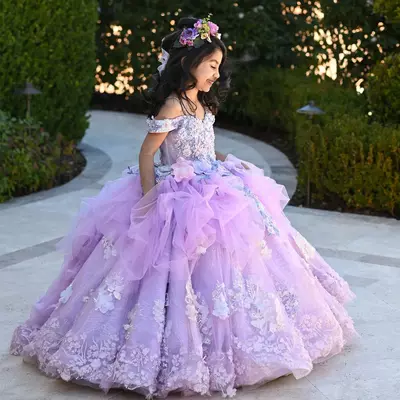Off The Shoulder Princess Flower Girls Dresses 3D Floral Lace Appliques Lanvender Brithday Party Kids Formal Wear Toddler Long Pageant Dress