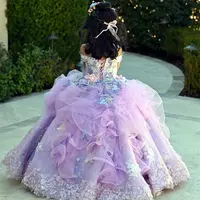 Off The Shoulder Princess Flower Girls Dresses 3D Floral Lace Appliques Lanvender Brithday Party Kids Formal Wear Toddler Long Pageant Dress - Thumbnail 1