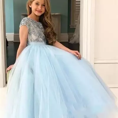 Princess light blue girls pageant dresses tulle silver crystal beads short sleeves kids flower girls dress ball gown birthday gowns - Thumbnail 4