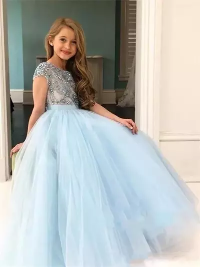 Princess Light Blue Girls Pageant Dresses Tulle Silver Crystal Beads Short Sleeves Kids Flower Girls Dress Ball Gown Birthday Gowns