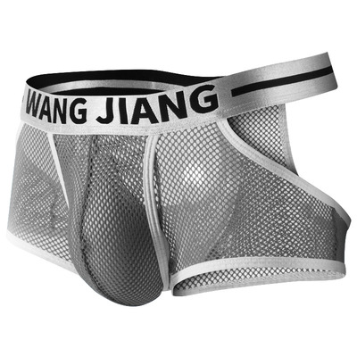 3PK Gray Wangjiang Men's sexy underwear mesh holes pouch separator cut-out boxer briefs underpants 5022PJ