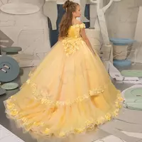 Yellow Off Shoulder Flower Girl Dress Pleat Birthday Wedding Party Dresses Costumes First Communion - Thumbnail 1