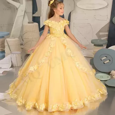 Yellow Off Shoulder Flower Girl Dress Pleat Birthday Wedding Party Dresses Costumes First Communion