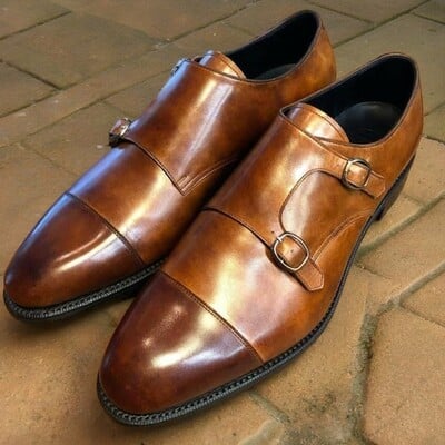 Luxury men's handmade brown double monk strap leather wedding shoes