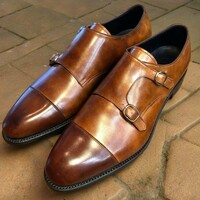 Luxury Men's Handmade Brown Double Monk Strap Leather Wedding Shoes - Thumbnail 1