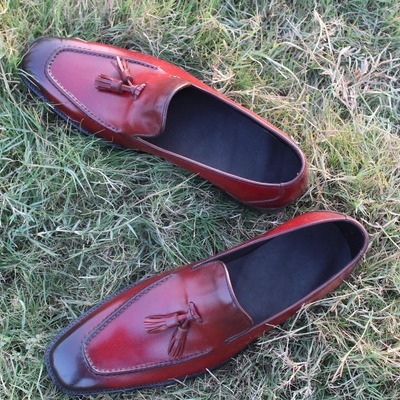 New handmade men's red tassel loafers shaded moc toe pure leather party shoes