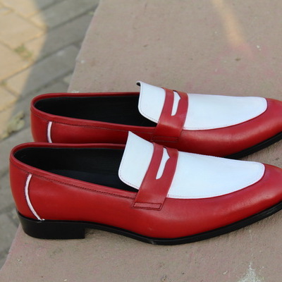 White red genuine leather loafers moccasin dress shoes