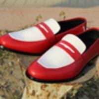White Red Genuine Leather Loafers Moccasin Dress Shoes - Thumbnail 1
