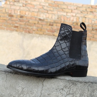  men black crocodile texture leather chelsea boot