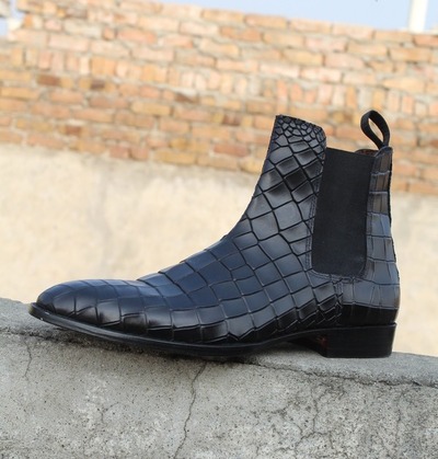  Men Black Crocodile Texture Leather Chelsea Boot