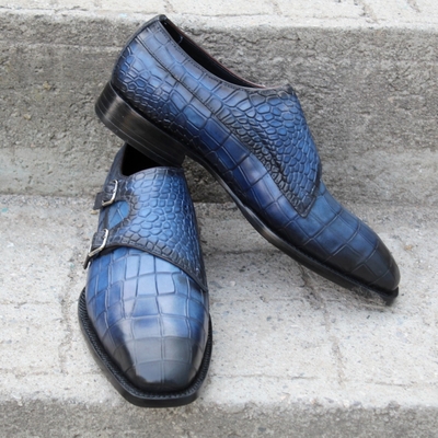 Crafted leather classic blue crocodile/alligator double monk strap dress shoes