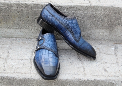 Crafted Leather Classic Blue Crocodile/Alligator Double Monk Strap Dress Shoes