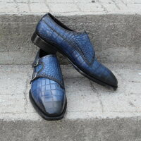 Crafted Leather Classic Blue Crocodile/Alligator Double Monk Strap Dress Shoes - Thumbnail 4