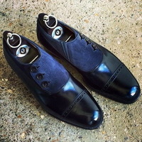 New Handmade Men Navy Blue Black Color shoes, Men Cap Toe Button Leather Suede - Thumbnail 4