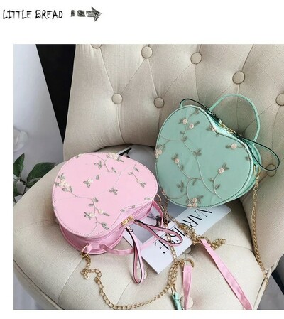 Sweet Lace Heart Round Handbags PU Leather Cross Body Bags 
