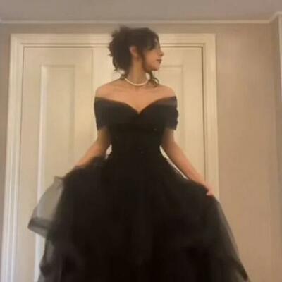 A-line black off shoulder tulle formal prom dresses - Thumbnail 3