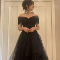 A-Line Black Off Shoulder Tulle Formal Prom Dresses - Thumbnail 2