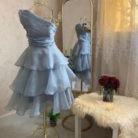 One Shoulder Layered Dusty Blue Chiffon Short Prom Dresses - Thumbnail 1