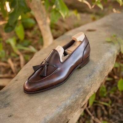 Top Trendy Men's Hand Stitch Brown Tassels Loafer Genuine Leather Shoes