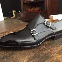 Handmade Men's Cowhide Leather Black Double Monk Cap Toe Formal Dress Shoes
