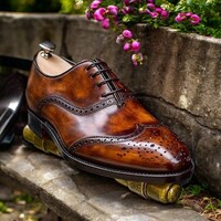 Hot Sale Men's Handmade Oxfords Brown Wingtip Genuine Leather Lace Up Shoes - Thumbnail 1